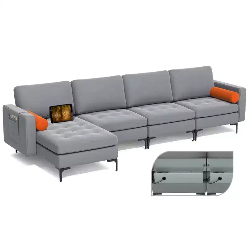 Costway Modular L-shaped Sectional Sofa with Reversible Chaise & 4 USB Ports Ash Grey