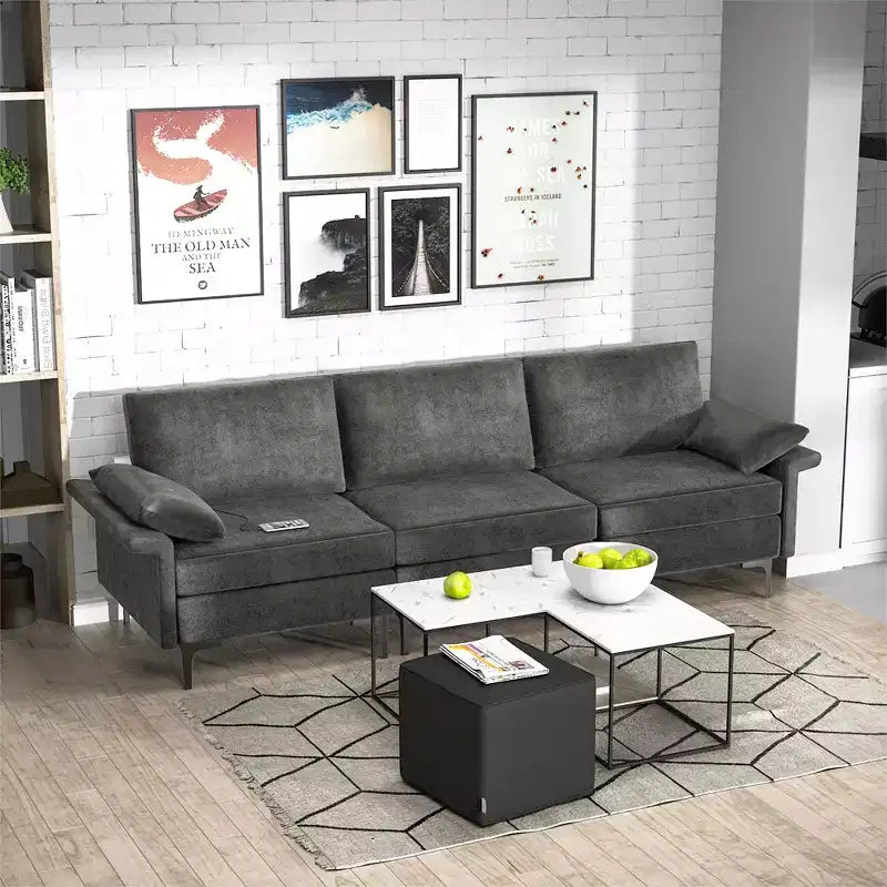 Costway Canapé modulable 3 places en tissu avec prises USB et pieds en métal Gris/Bleu