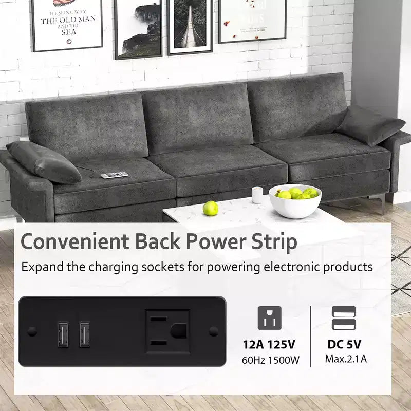 Costway Canapé modulable 3 places en tissu avec prises USB et pieds en métal Gris/Bleu