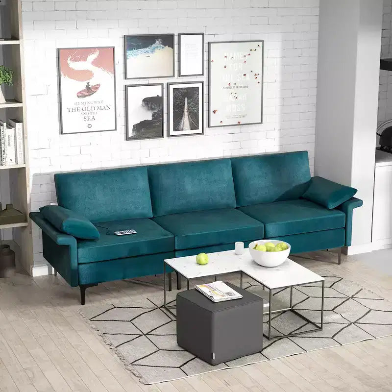 Costway Canapé modulable 3 places en tissu avec prises USB et pieds en métal Gris/Bleu