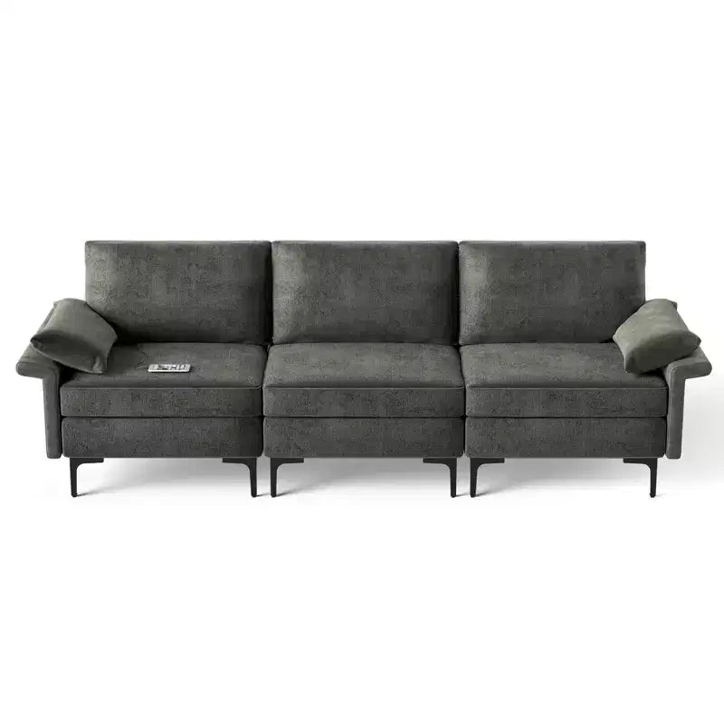 Costway Canapé modulable 3 places en tissu avec prises USB et pieds en métal Gris/Bleu