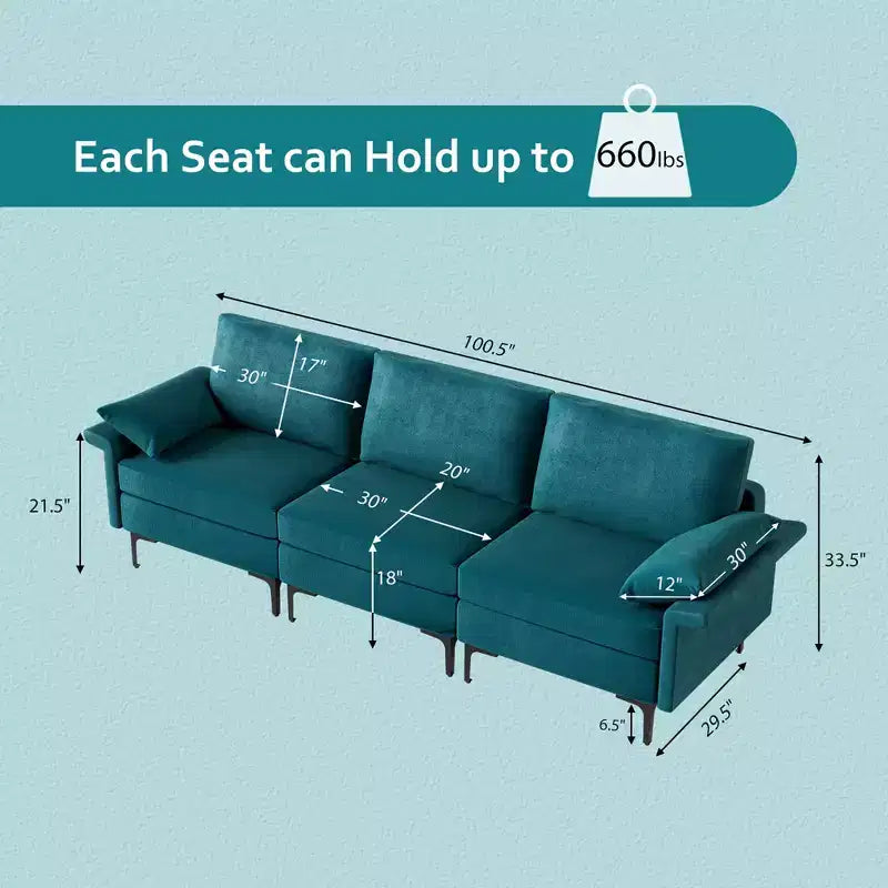 Costway Canapé modulable 3 places en tissu avec prises USB et pieds en métal Gris/Bleu