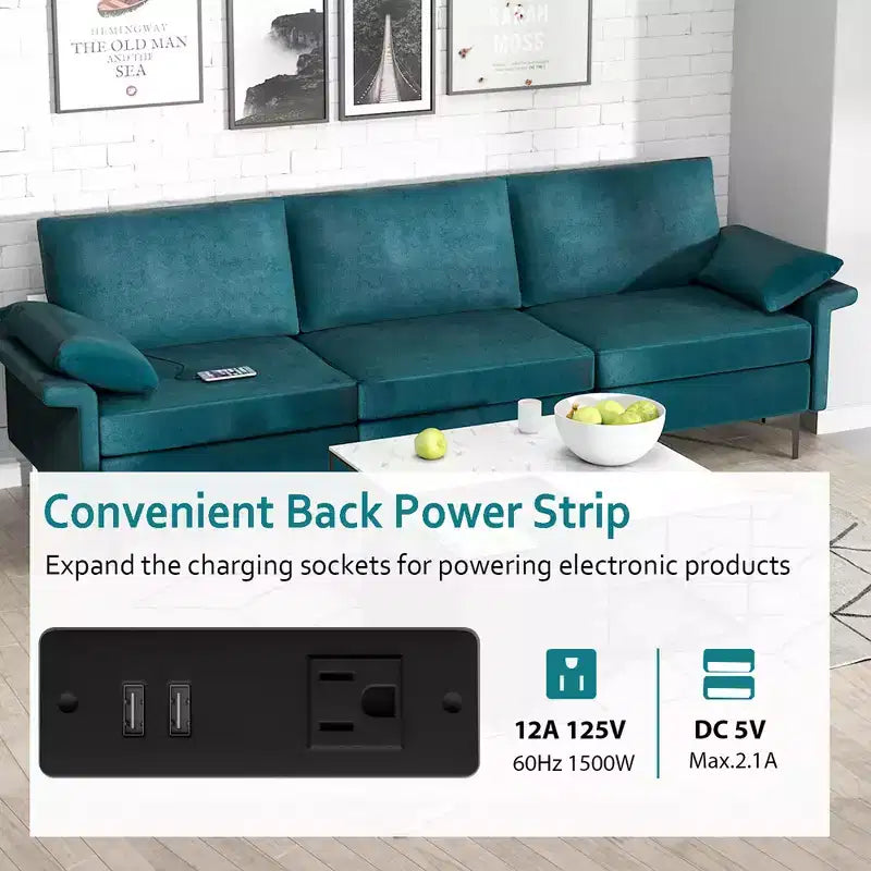 Costway Canapé modulable 3 places en tissu avec prises USB et pieds en métal Gris/Bleu