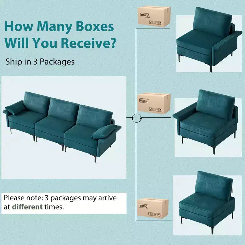 Costway Canapé modulable 3 places en tissu avec prises USB et pieds en métal Gris/Bleu