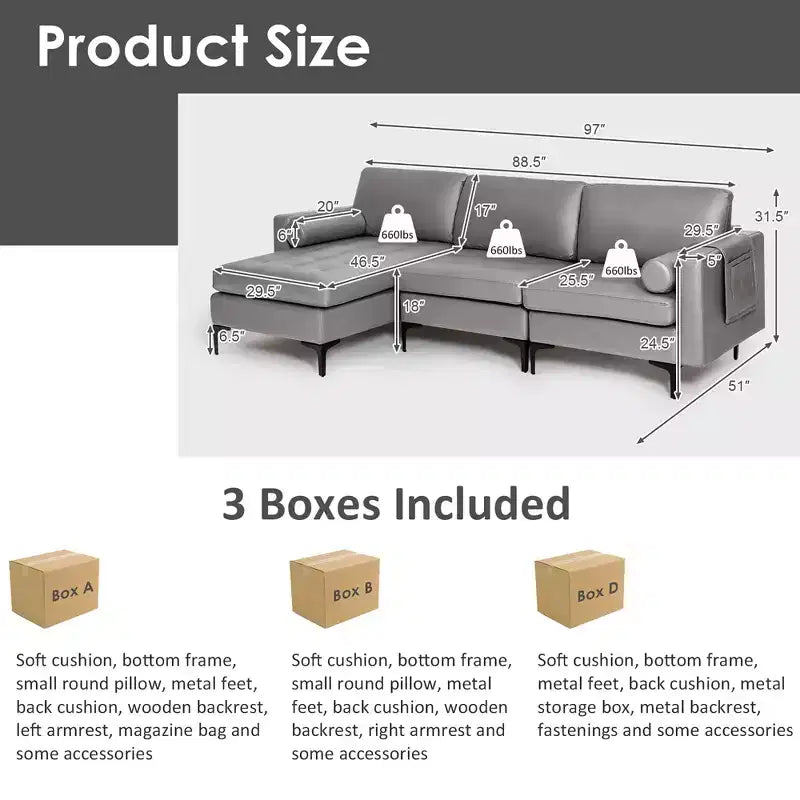 Costway Canapé modulable sectionnel extra large 4 places avec méridienne réversible et 2 ports USB