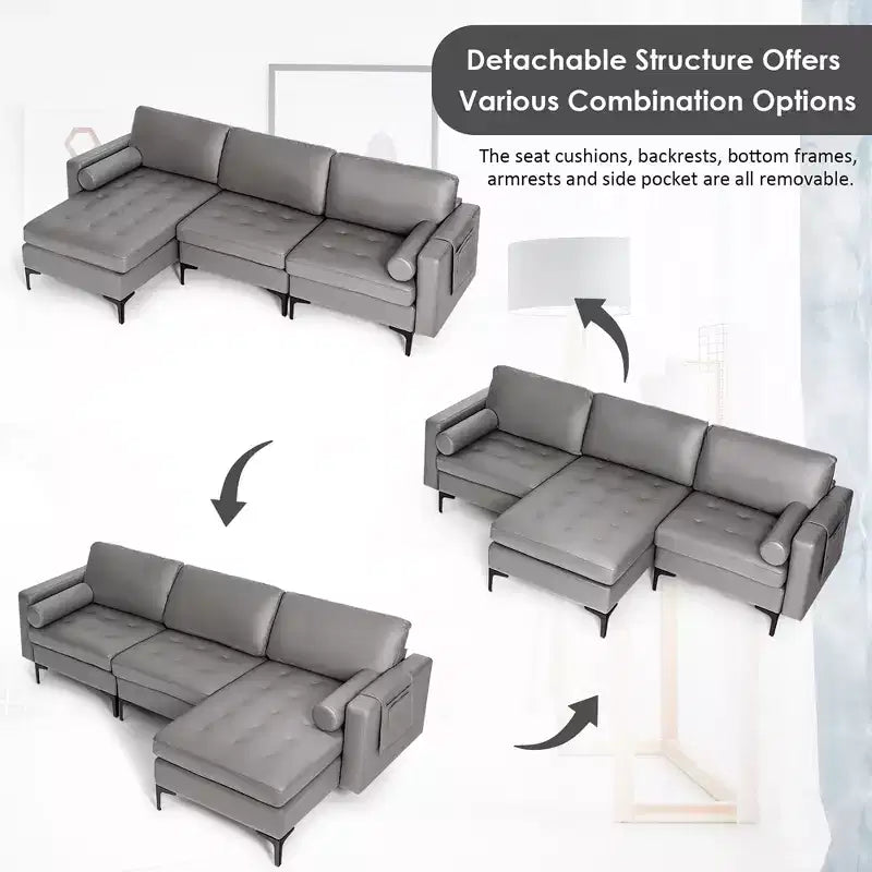 Costway Canapé modulable sectionnel extra large 4 places avec méridienne réversible et 2 ports USB