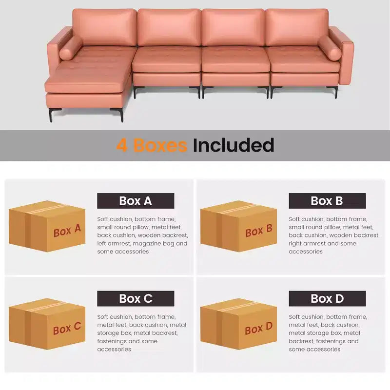 Canapé sectionnel modulaire en forme de L Costway avec méridienne réversible et 4 ports USB Rose corail/Gris