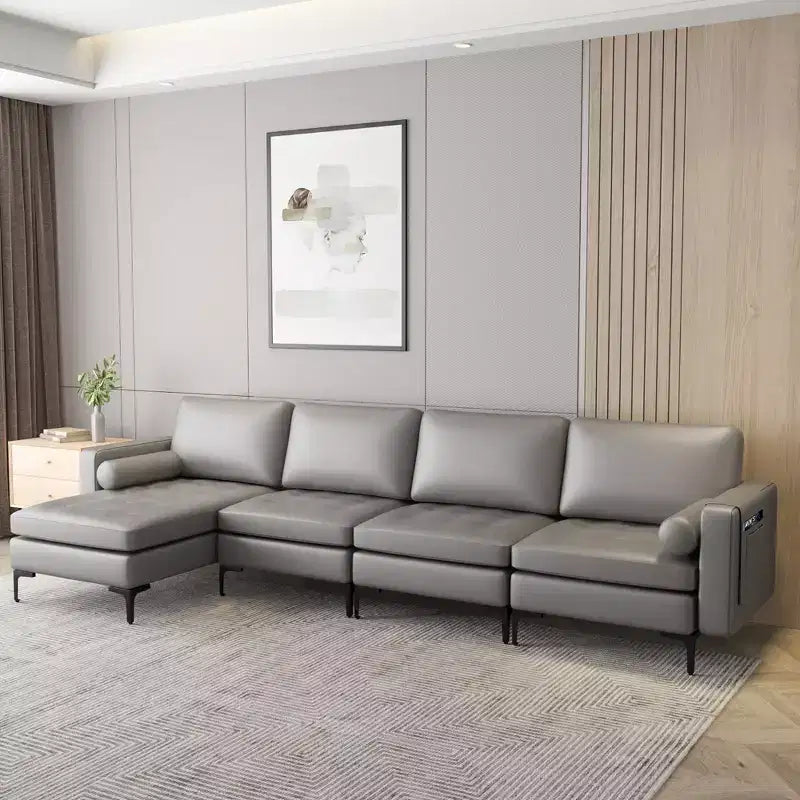 Canapé sectionnel modulaire en forme de L Costway avec méridienne réversible et 4 ports USB Rose corail/Gris