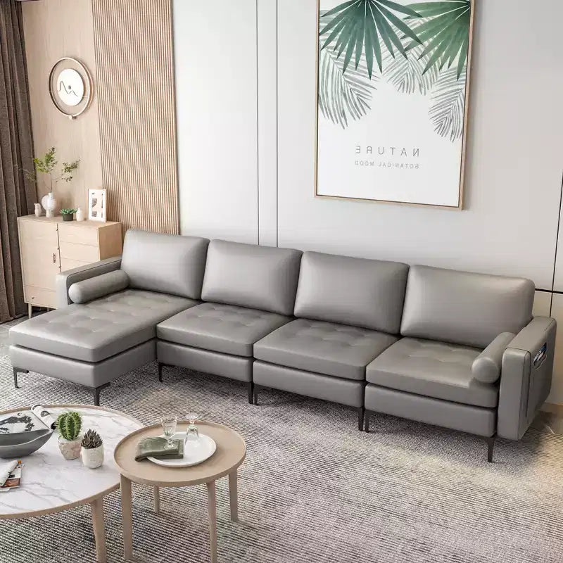 Canapé sectionnel modulaire en forme de L Costway avec méridienne réversible et 4 ports USB Rose corail/Gris