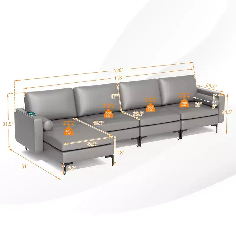 Canapé sectionnel modulaire en forme de L Costway avec méridienne réversible et 4 ports USB Rose corail/Gris