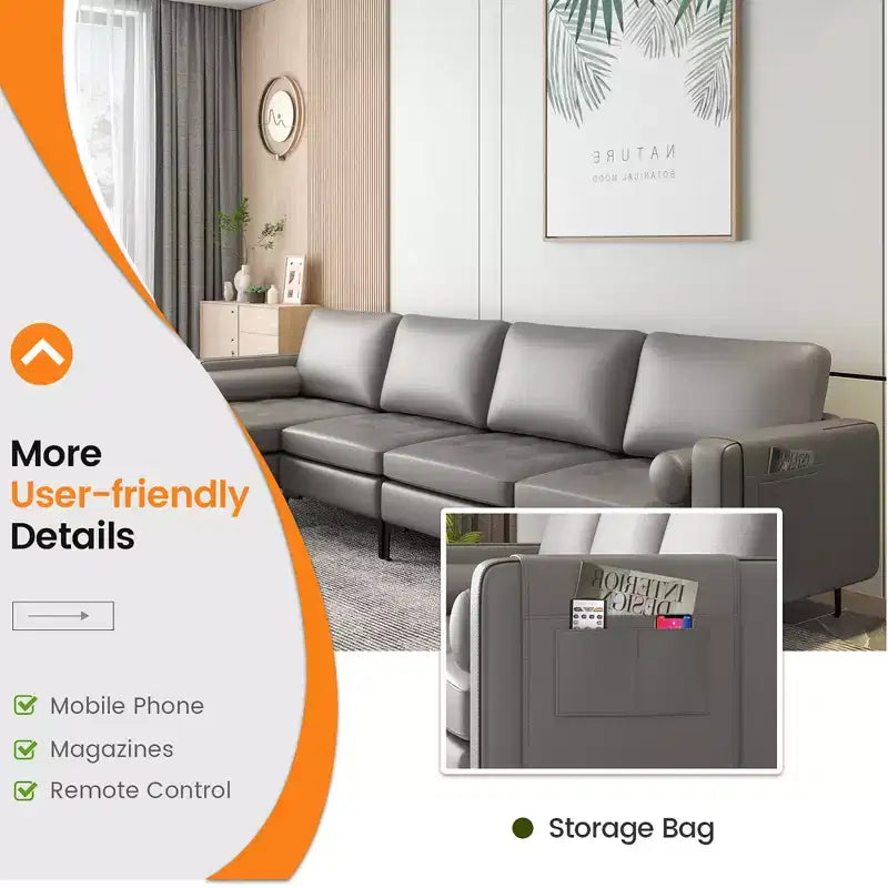 Canapé sectionnel modulaire en forme de L Costway avec méridienne réversible et 4 ports USB Rose corail/Gris