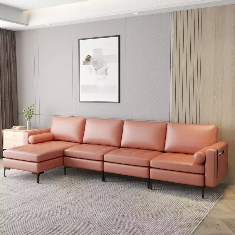 Canapé sectionnel modulaire en forme de L Costway avec méridienne réversible et 4 ports USB Rose corail/Gris