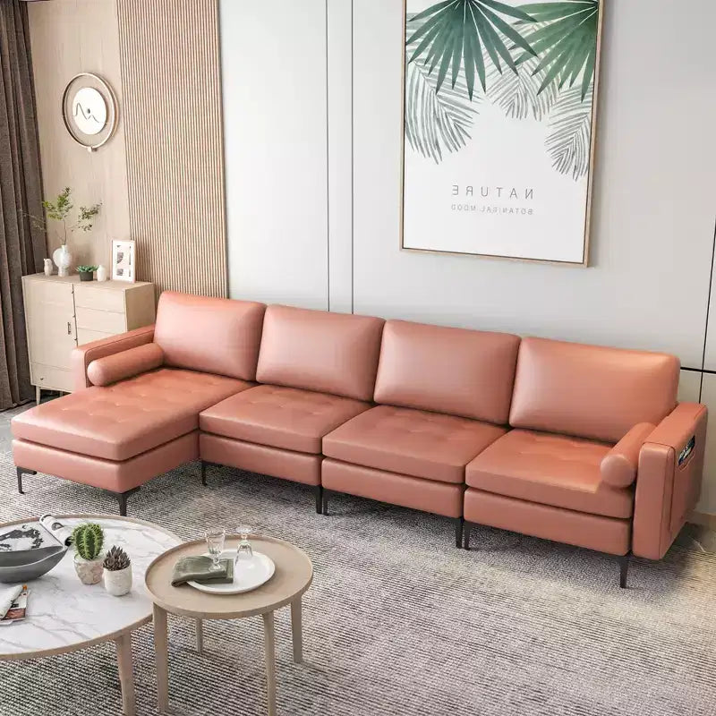 Canapé sectionnel modulaire en forme de L Costway avec méridienne réversible et 4 ports USB Rose corail/Gris