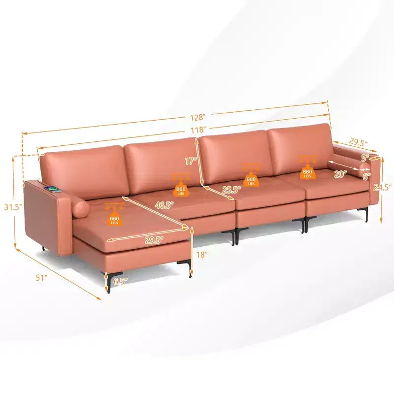 Canapé sectionnel modulaire en forme de L Costway avec méridienne réversible et 4 ports USB Rose corail/Gris
