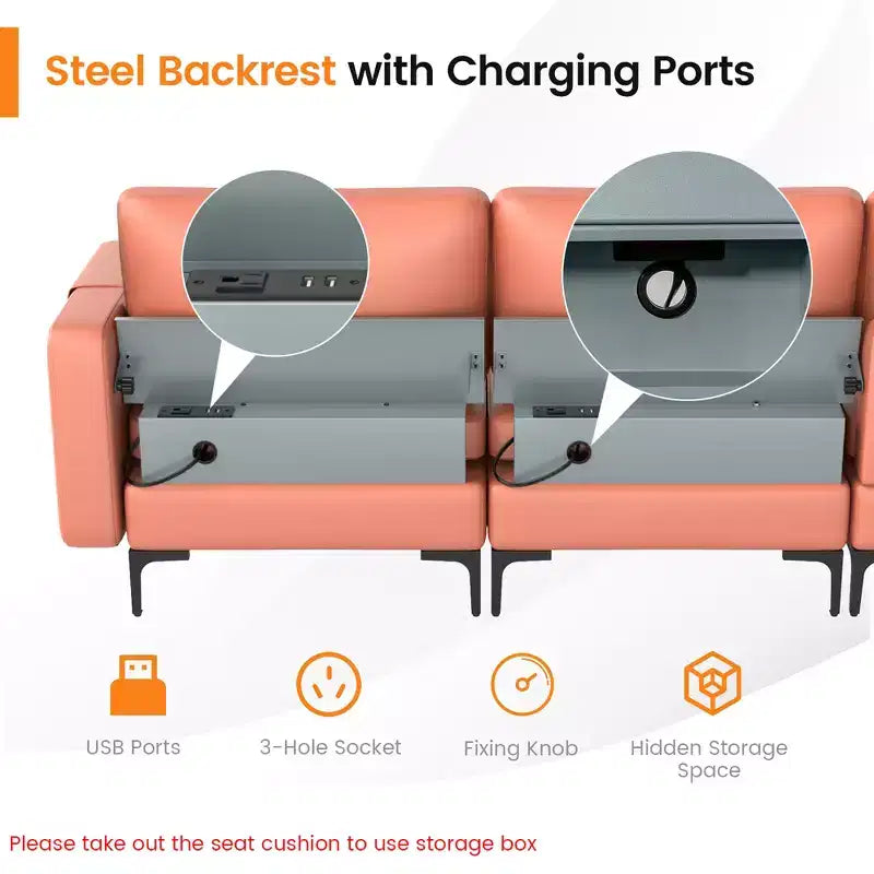Canapé sectionnel modulaire en forme de L Costway avec méridienne réversible et 4 ports USB Rose corail/Gris