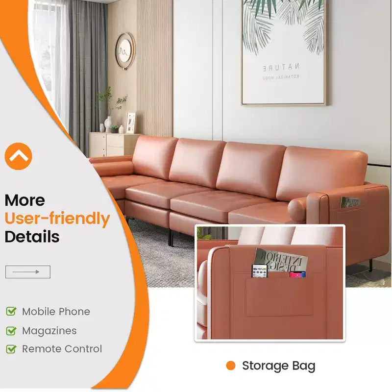 Canapé sectionnel modulaire en forme de L Costway avec méridienne réversible et 4 ports USB Rose corail/Gris
