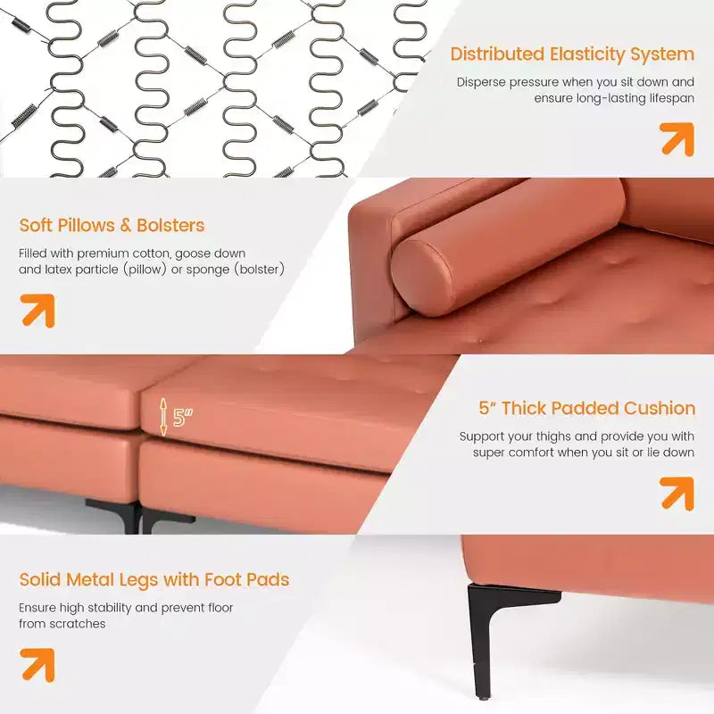 Canapé sectionnel modulaire en forme de L Costway avec méridienne réversible et 4 ports USB Rose corail/Gris
