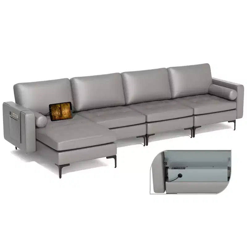 Canapé sectionnel modulaire en forme de L Costway avec méridienne réversible et 4 ports USB Rose corail/Gris