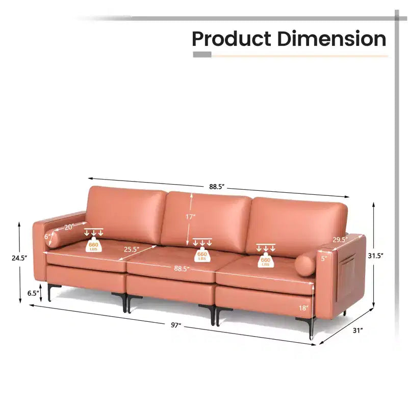 Canapé modulable 3 places Costway avec ports USB et poche latérale de rangement Rose Corail/Gris