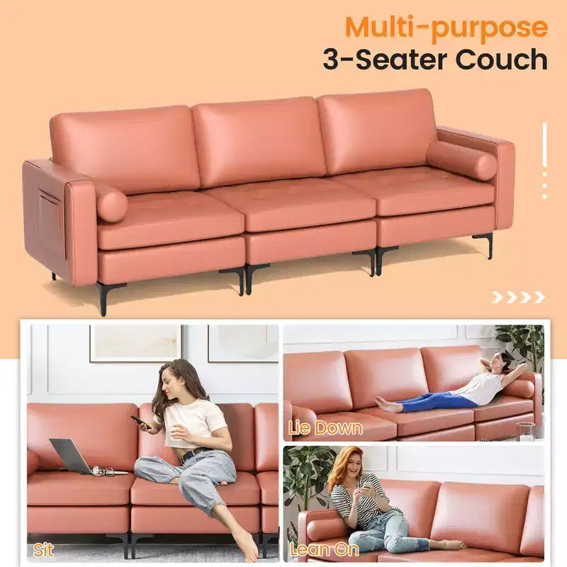 Canapé modulable 3 places Costway avec ports USB et poche latérale de rangement Rose Corail/Gris