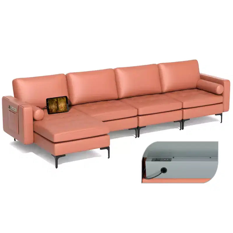 Costway Modular L-shaped Sectional Sofa with Reversible Chaise & 2 USB Ports Coral Pink/Grey
