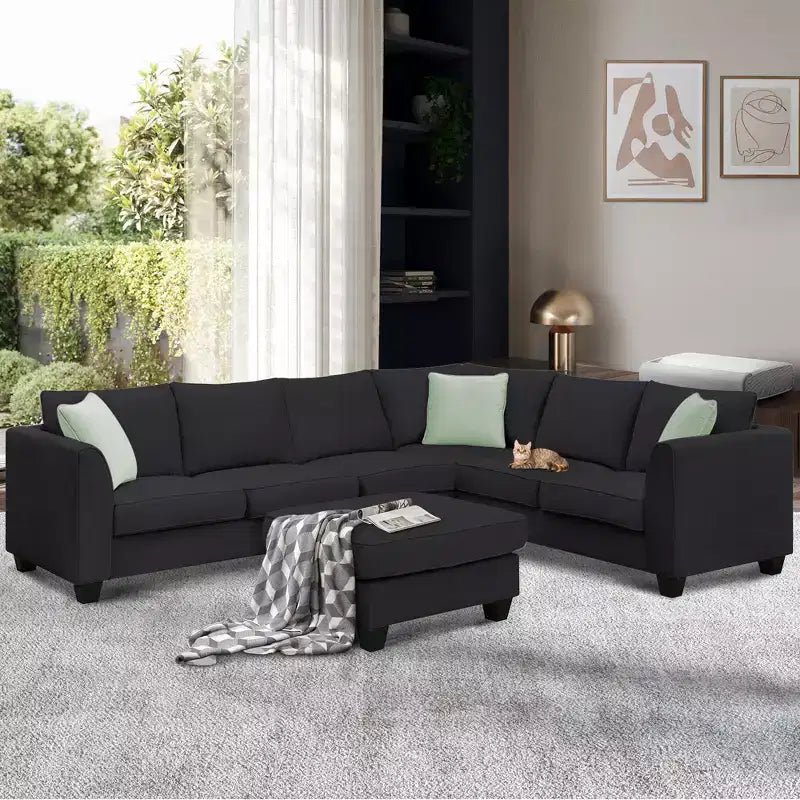 Canapé Modulable Sectionnel 7 Places avec Ottomane - Canapé d'Angle en Tissu en Forme de L avec 3 Coussins - ModernLuxe