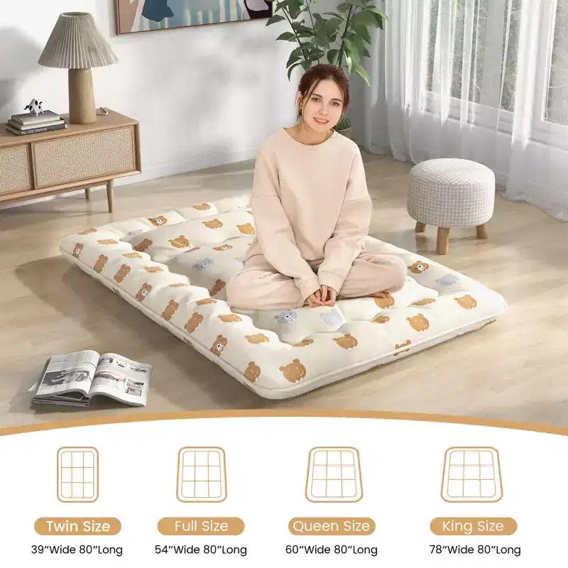 Matelas futon Costway pour lit double/king size/queen size/simple, matelas de sol japonais, housse lavable, sac de transport, motif ours brun