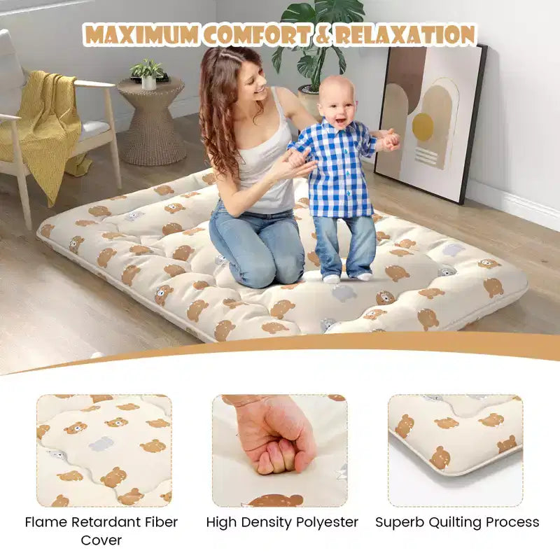 Matelas futon Costway pour lit double/king size/queen size/simple, matelas de sol japonais, housse lavable, sac de transport, motif ours brun