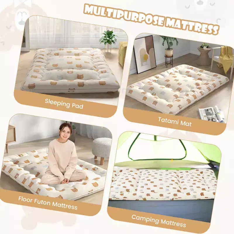 Matelas futon Costway pour lit double/king size/queen size/simple, matelas de sol japonais, housse lavable, sac de transport, motif ours brun