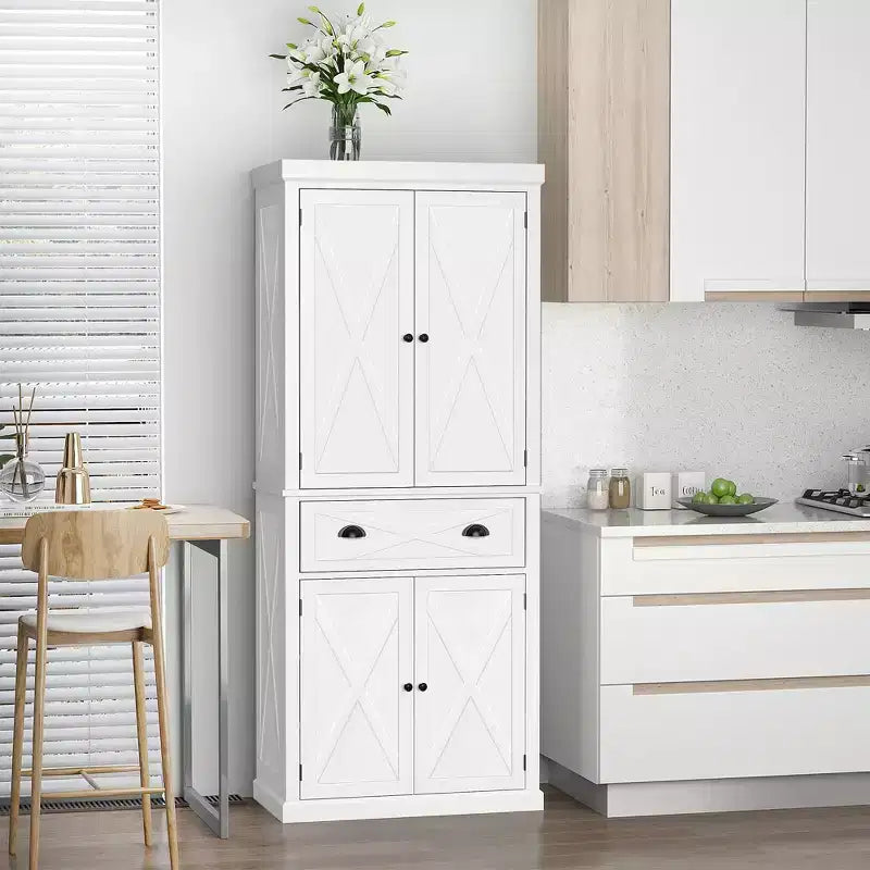 HOMCOM Meuble de Rangement sur Pied Moderne de Style Ferme, Armoire de Cuisine avec 4 Portes, 6 Niveaux, 1 Tiroir et 4 Étagères Réglables