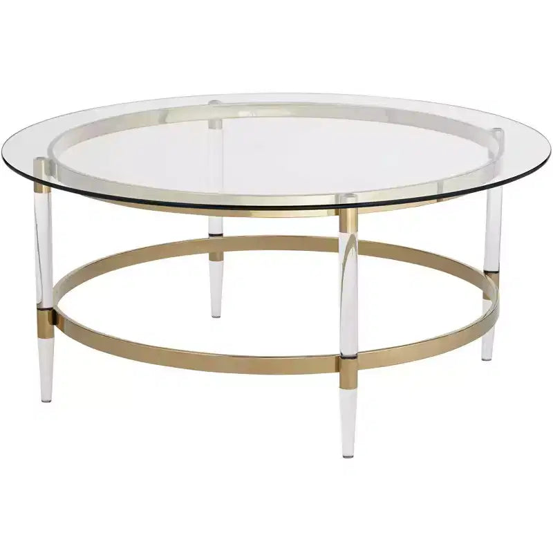 55 Downing Street Saarinen Modern Minimalist Gold Round Coffee Table 38 Wide Clear Glass Tabletop and Legs for Living Room Bedroom House