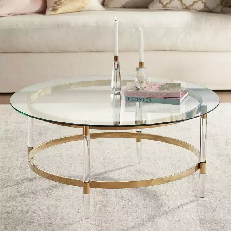 55 Downing Street Saarinen Table basse ronde dorée minimaliste moderne 96,5 cm de large avec plateau en verre transparent et pieds pour salon chambre maison