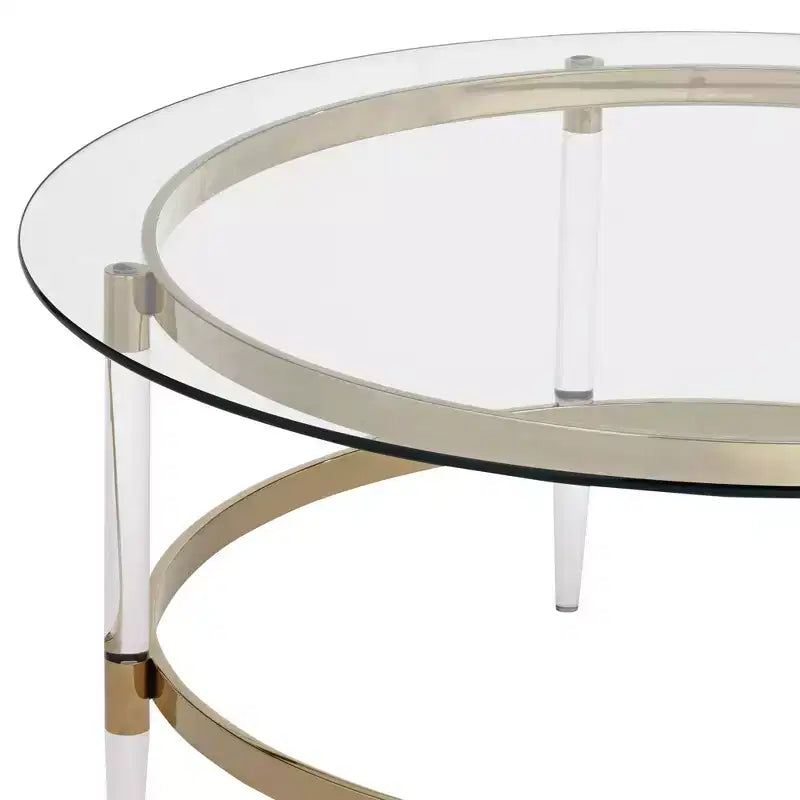 55 Downing Street Saarinen Table basse ronde dorée minimaliste moderne 96,5 cm de large avec plateau en verre transparent et pieds pour salon chambre maison