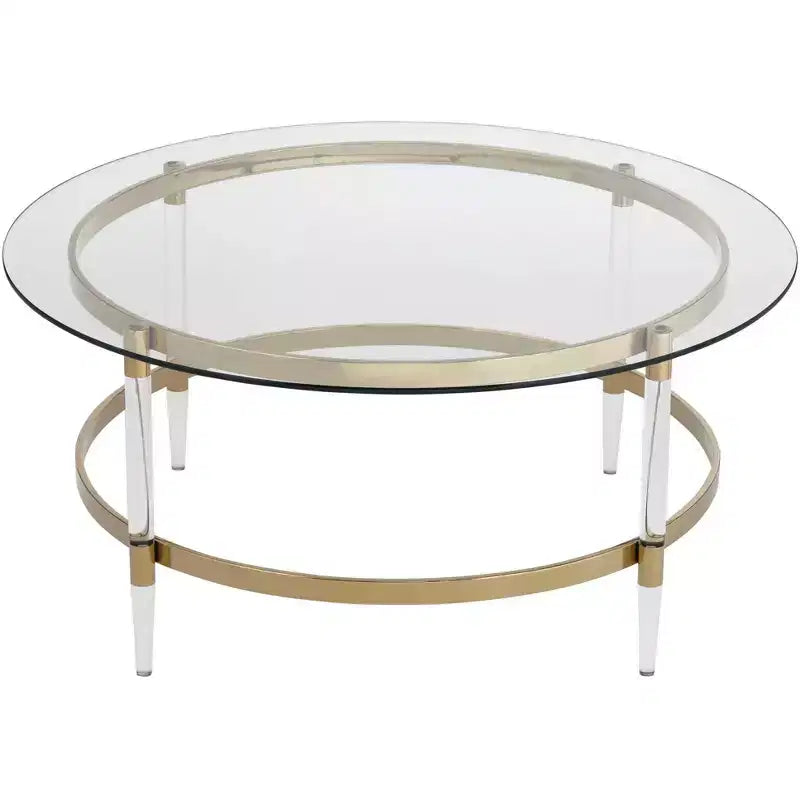 55 Downing Street Saarinen Table basse ronde dorée minimaliste moderne 96,5 cm de large avec plateau en verre transparent et pieds pour salon chambre maison