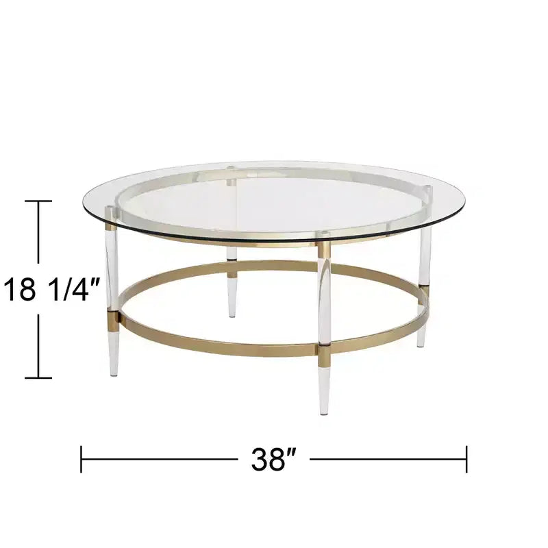 55 Downing Street Saarinen Table basse ronde dorée minimaliste moderne 96,5 cm de large avec plateau en verre transparent et pieds pour salon chambre maison