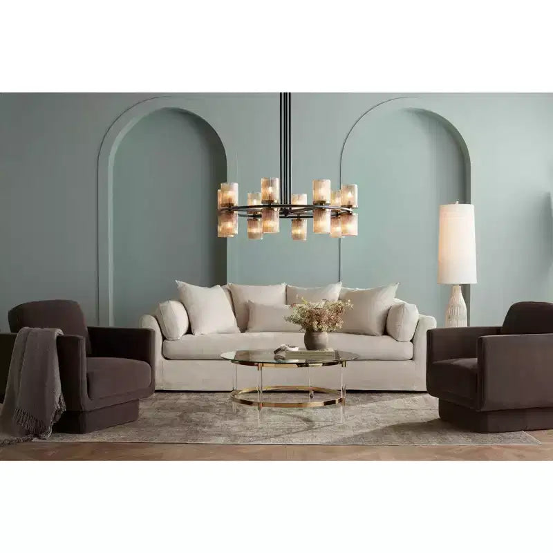 55 Downing Street Saarinen Table basse ronde dorée minimaliste moderne 96,5 cm de large avec plateau en verre transparent et pieds pour salon chambre maison