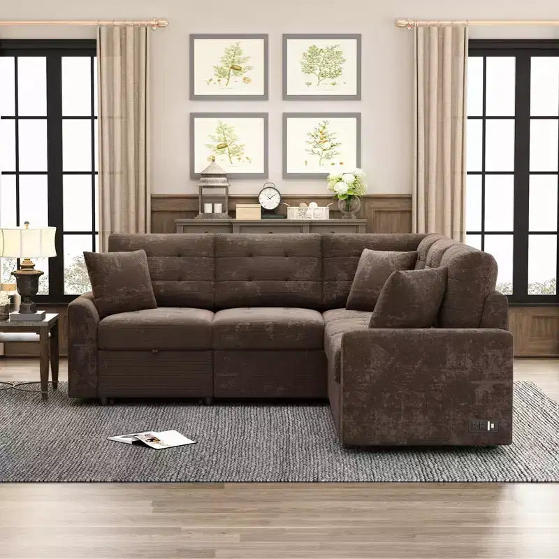 82.6W L-Shape Sofa Bed with Wheels, Pull-out Sleeper Sofa with USB Ports and Power Sockets - ModernLuxe