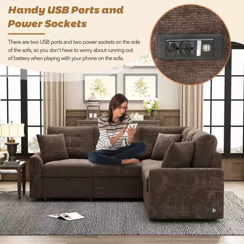 Canapé-lit d'angle 82,6 W avec roulettes, canapé-lit gigogne avec ports USB et prises de courant - ModernLuxe
