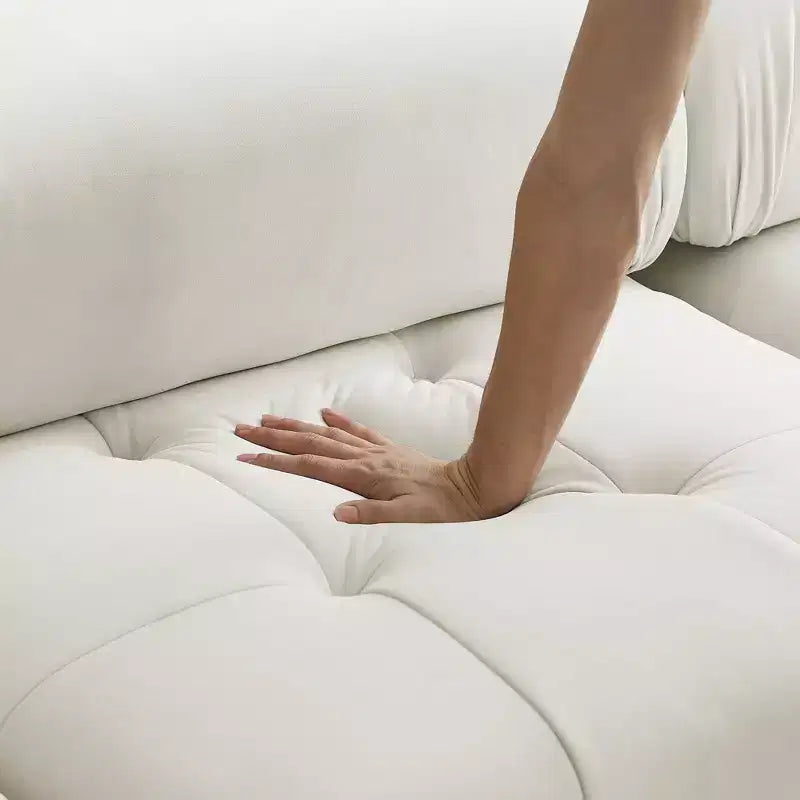 Canapé modulable 93 places en velours/tissu Teddy avec capitonnage touffeté, canapé d'angle en forme de L avec pouf réversible - ModernLuxe