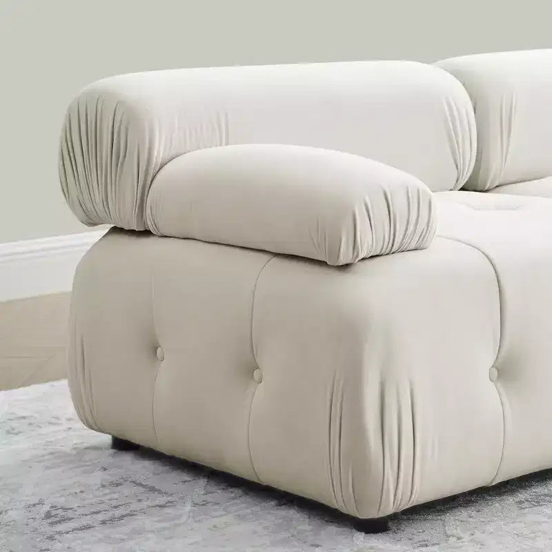 Canapé modulable 93 places en velours/tissu Teddy avec capitonnage touffeté, canapé d'angle en forme de L avec pouf réversible - ModernLuxe