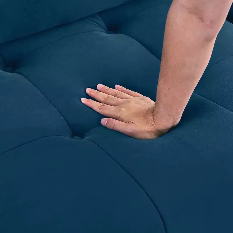 Canapé modulable 93 places en velours/tissu Teddy avec capitonnage touffeté, canapé d'angle en forme de L avec pouf réversible - ModernLuxe