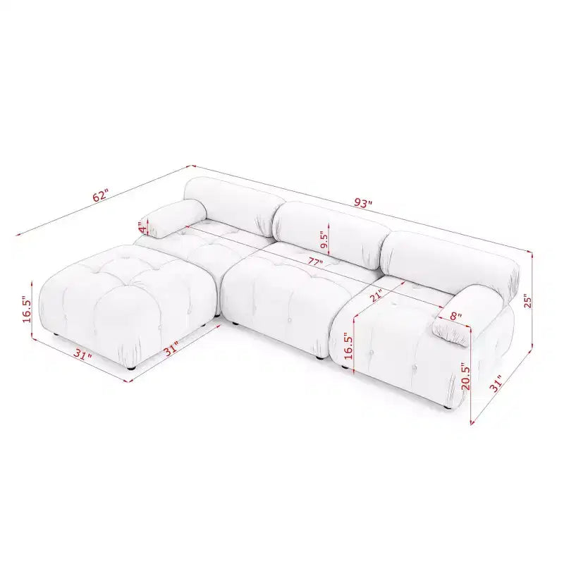 Canapé modulable 93 places en velours/tissu Teddy avec capitonnage touffeté, canapé d'angle en forme de L avec pouf réversible - ModernLuxe