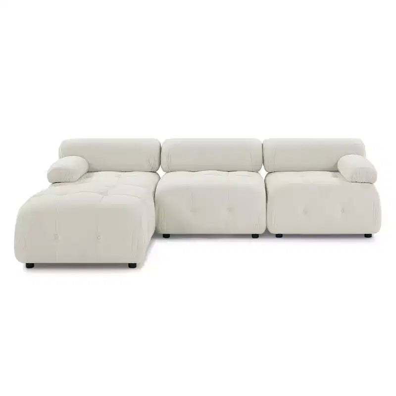 Canapé modulable 93 places en velours/tissu Teddy avec capitonnage touffeté, canapé d'angle en forme de L avec pouf réversible - ModernLuxe