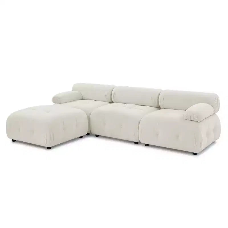 Canapé modulable 93 places en velours/tissu Teddy avec capitonnage touffeté, canapé d'angle en forme de L avec pouf réversible - ModernLuxe