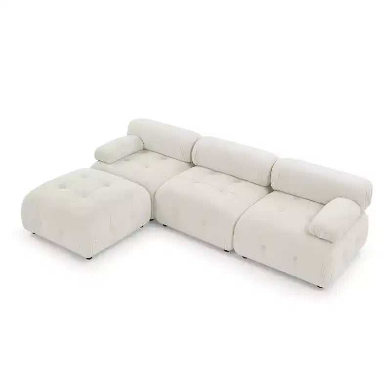 Canapé modulable 93 places en velours/tissu Teddy avec capitonnage touffeté, canapé d'angle en forme de L avec pouf réversible - ModernLuxe