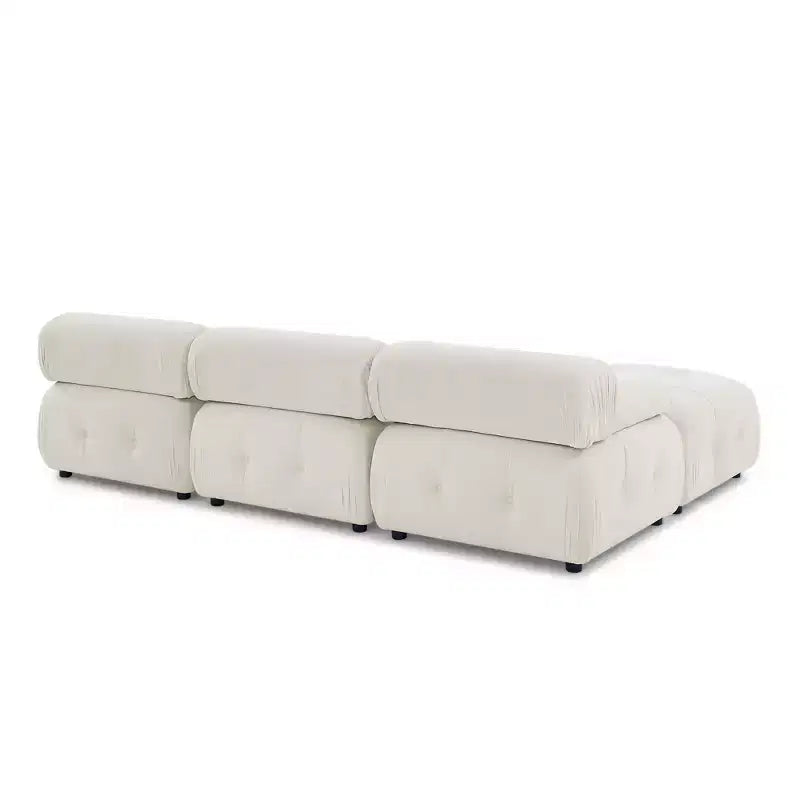 Canapé modulable 93 places en velours/tissu Teddy avec capitonnage touffeté, canapé d'angle en forme de L avec pouf réversible - ModernLuxe
