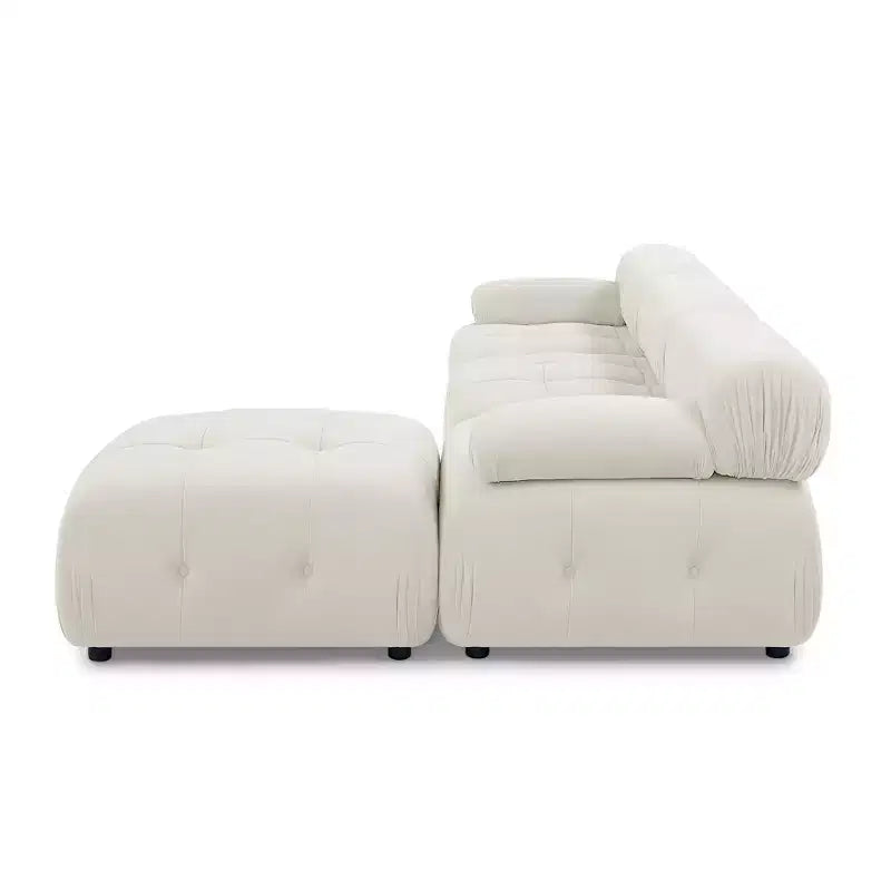 Canapé modulable 93 places en velours/tissu Teddy avec capitonnage touffeté, canapé d'angle en forme de L avec pouf réversible - ModernLuxe