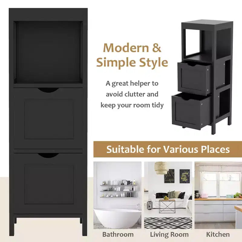 Meuble de salle de bain Costway au sol, organisateur de rangement latéral autoportant avec 2 tiroirs amovibles Marron/Gris/Noir
