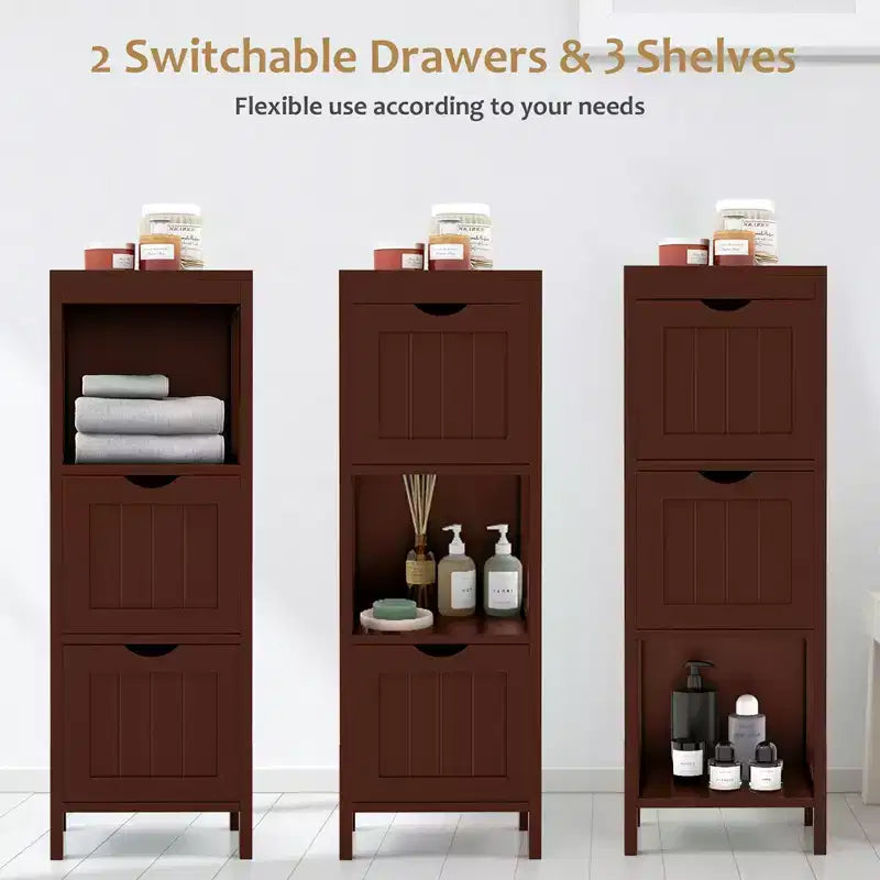 Meuble de salle de bain Costway au sol, organisateur de rangement latéral autoportant avec 2 tiroirs amovibles Marron/Gris/Noir