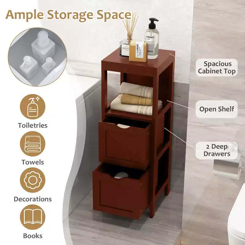 Meuble de salle de bain Costway au sol, organisateur de rangement latéral autoportant avec 2 tiroirs amovibles Marron/Gris/Noir